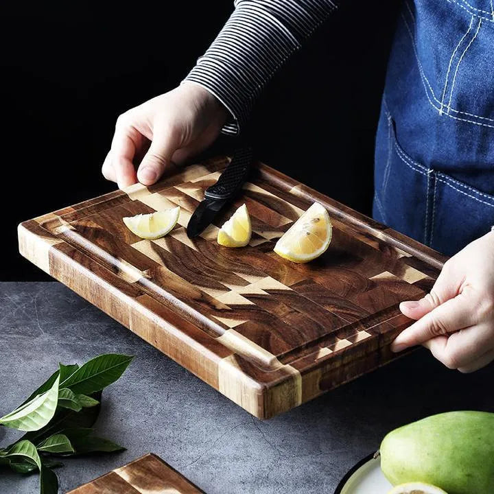 Brown solid wood chopping board with parquet pattern and 3cm thick edge
