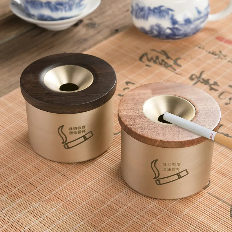 Retro brass ashtray with copper body and black or rosewood wooden lid featuring a middle hole design for living room use