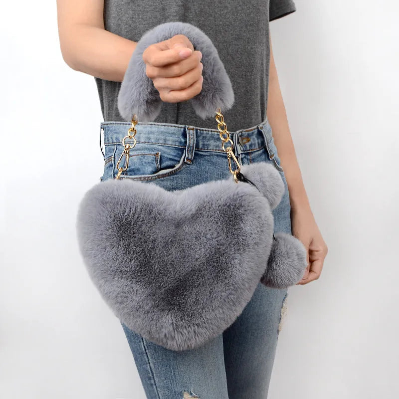 Heart-shaped soft plush women's handbag with detachable strap in medium size