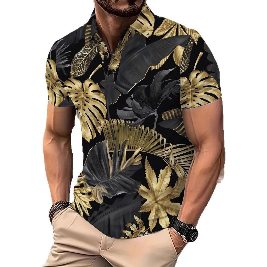 Men's gold short sleeve shirt with a tropical leaf pattern print.