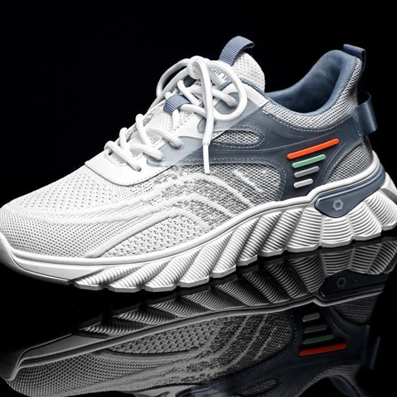 Men's white blue platform casual running shoes with cross strap design on breathable mesh upper