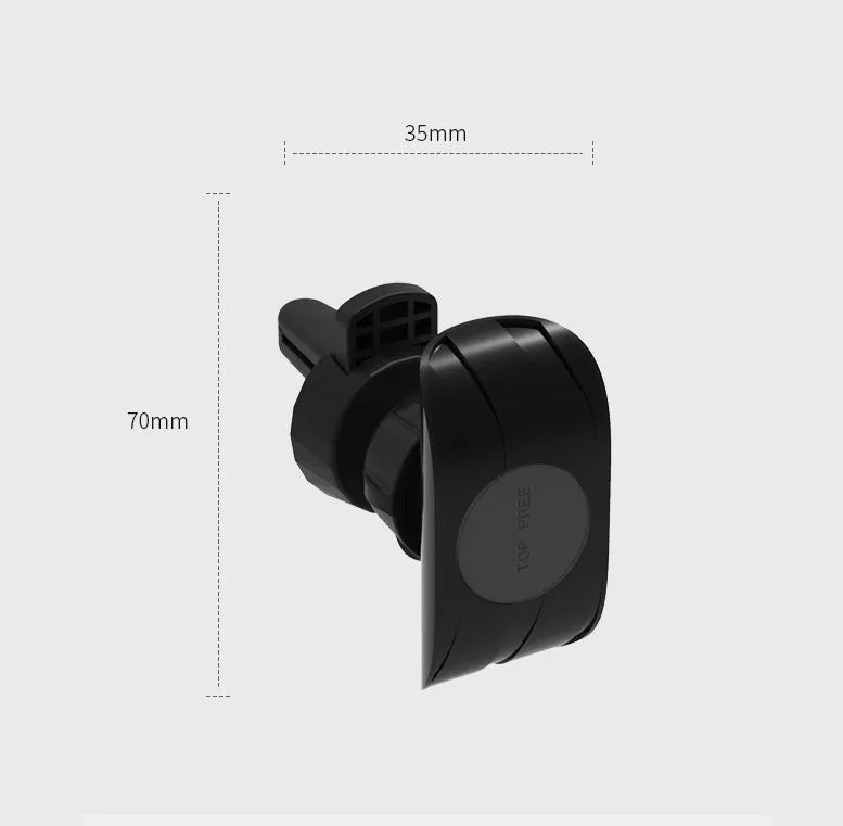 Black car phone holder clipped to car air vent with adjustable arms gripping a smartphone