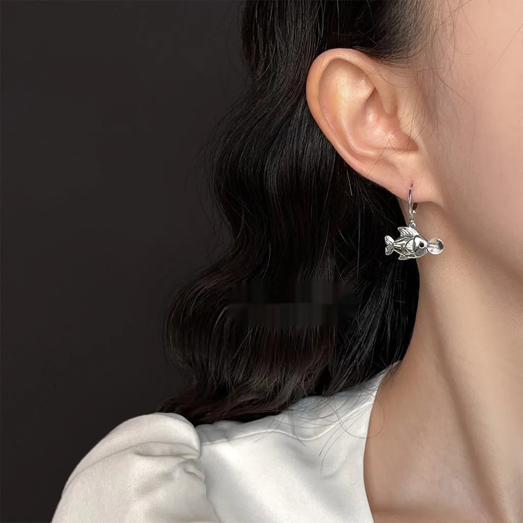 Bubble fish design drop earrings with goldfish animal modelling in electroplated copper construction