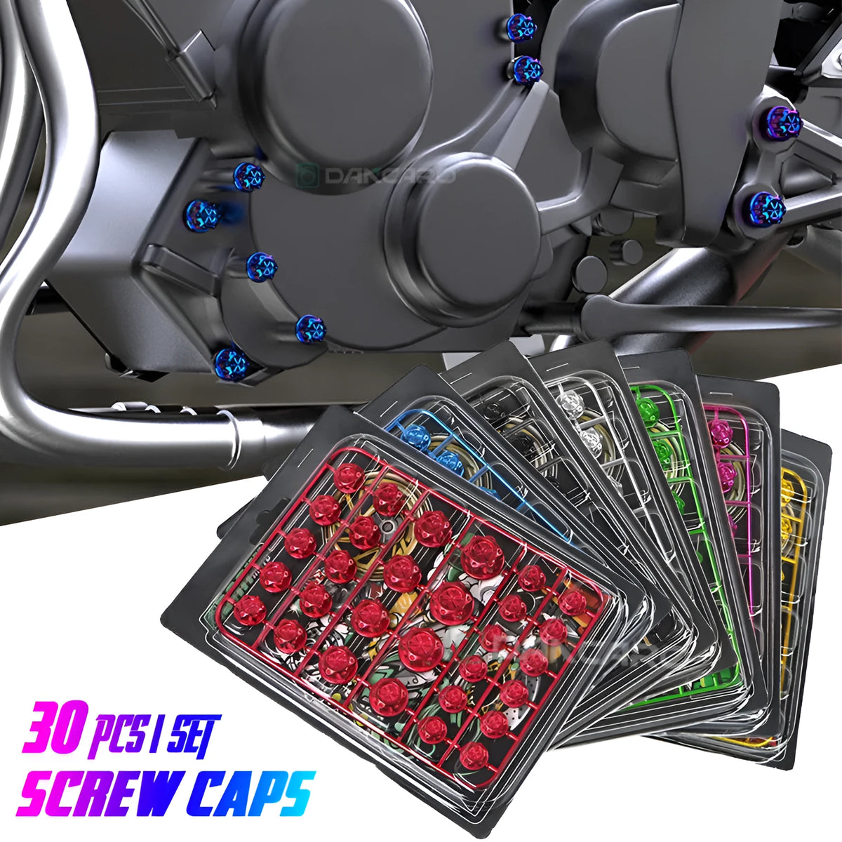 Set of 30 coloured ABS plastic motorcycle screw covers for engine modification.