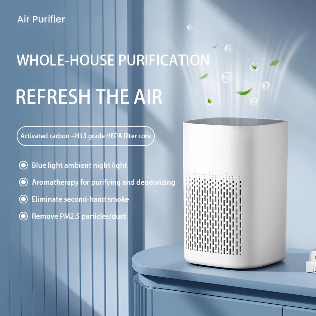 Simple style desktop air purifier and heater unit with USB cable on a wooden desk