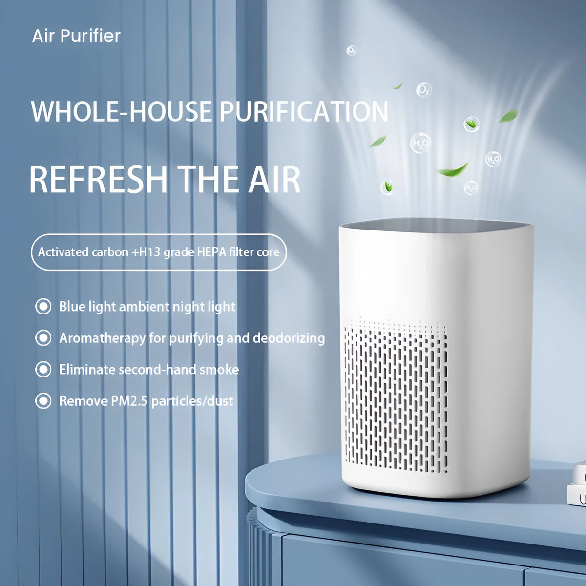 Simple style desktop air purifier and heater unit with USB cable on a wooden desk