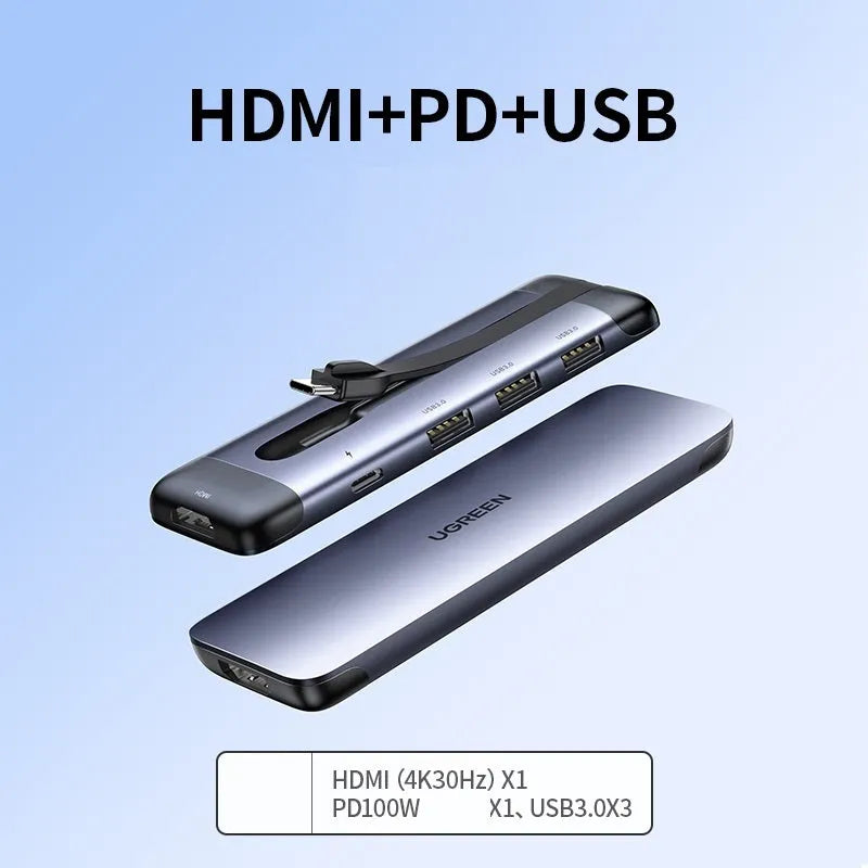 USB-C docking station adapter with multiple ports including HDMI, USB 3.0, and network interface on 0.09m cable