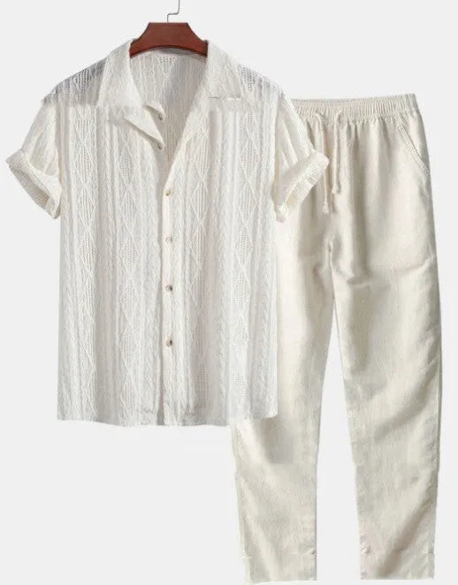 Men's loose short sleeve shirt and trousers suit in milk silk polyester for summer leisure