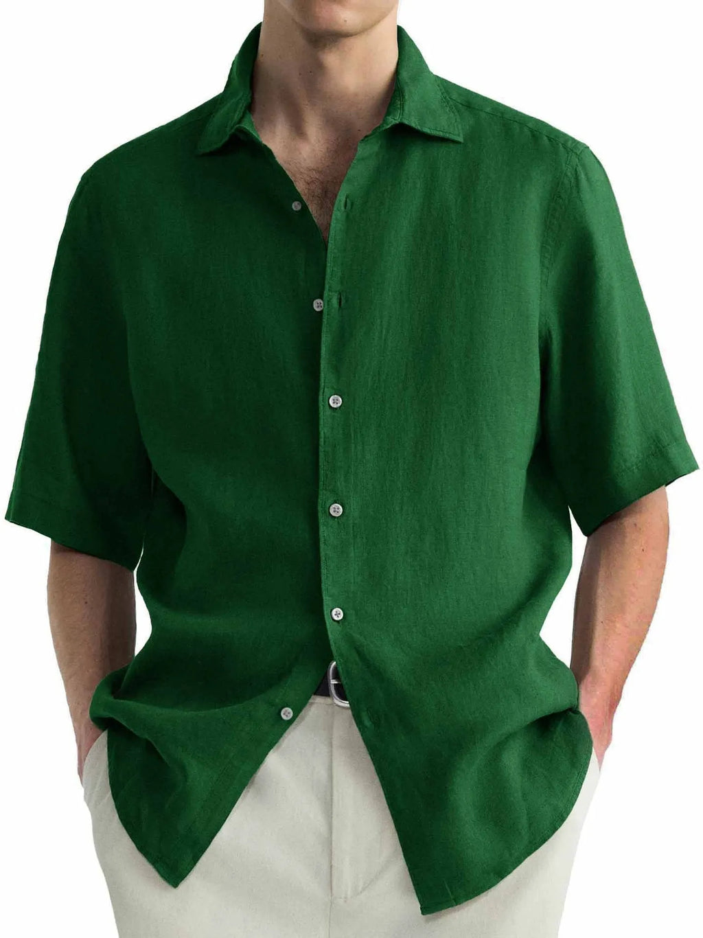 Green washed cotton men's shirt with regular fit cardigan style on hanger