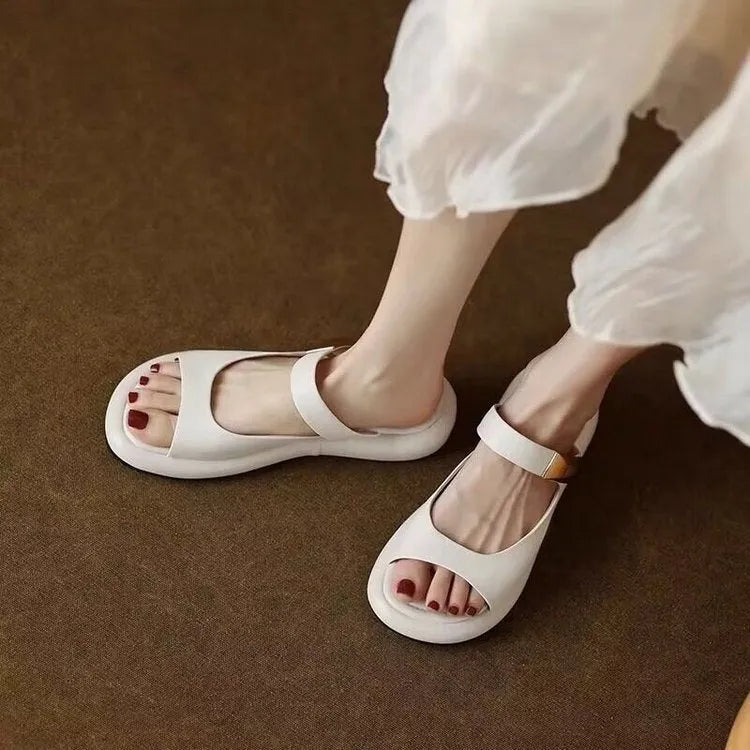 Women's apricot platform sandals with peep toe design, soft leather uppers and flat rubber soles