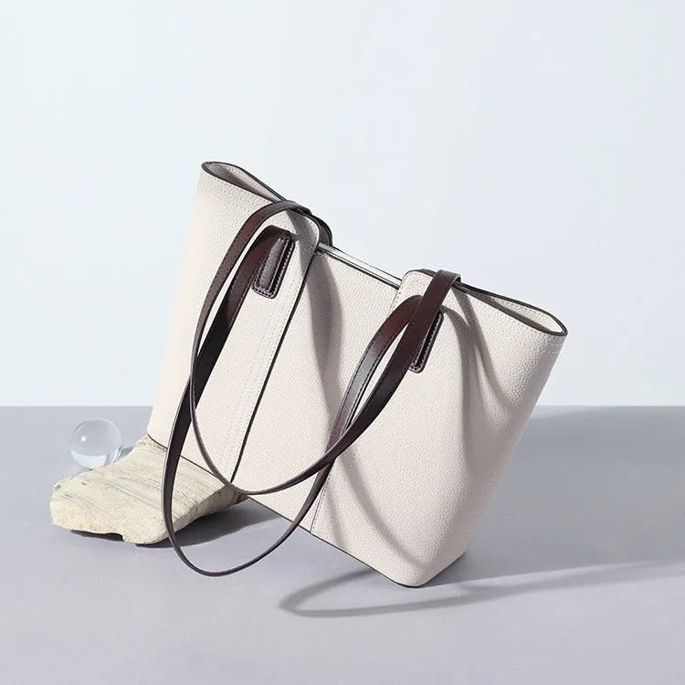 Women's khaki genuine leather commuter shoulder bag with box shape and sewing line detailing