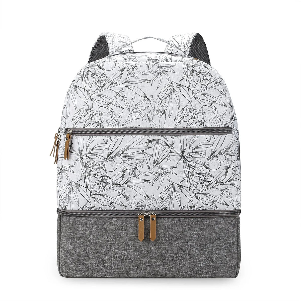 Grey insulated mother and child travel backpack with curved shoulder straps and multiple compartments
