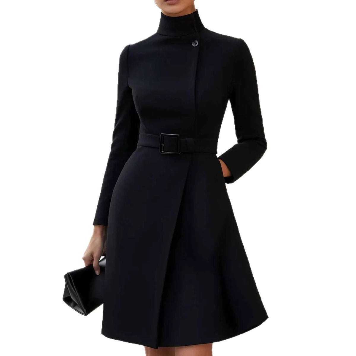Women's long sleeve bohemian style dress with high waist and stand collar in black colour