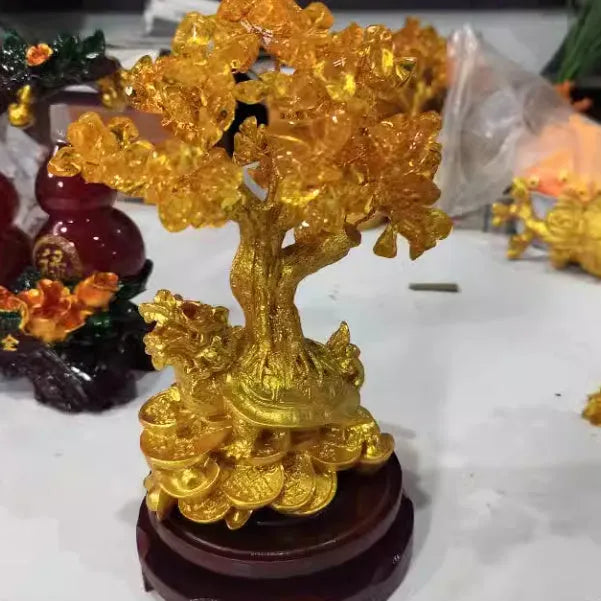 Citrine coloured resin turtle money tree feng shui ornament measuring 18x11x23cm