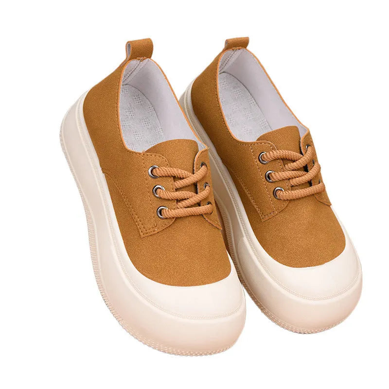 Women's suede platform loafers with 4CM height increase, round toe, and rubber sole in beige, black, and camel colours.
