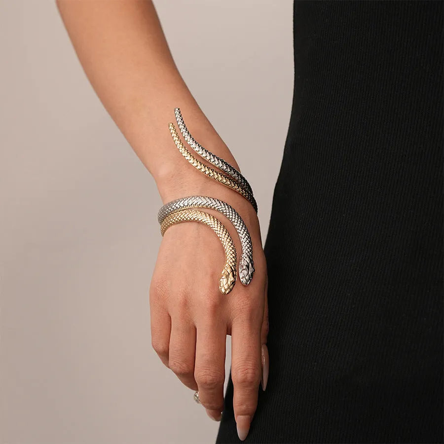 Exaggerated twisted winding simulated snake metal ring and bracelet jewellery set in gold and silver electroplated finishes