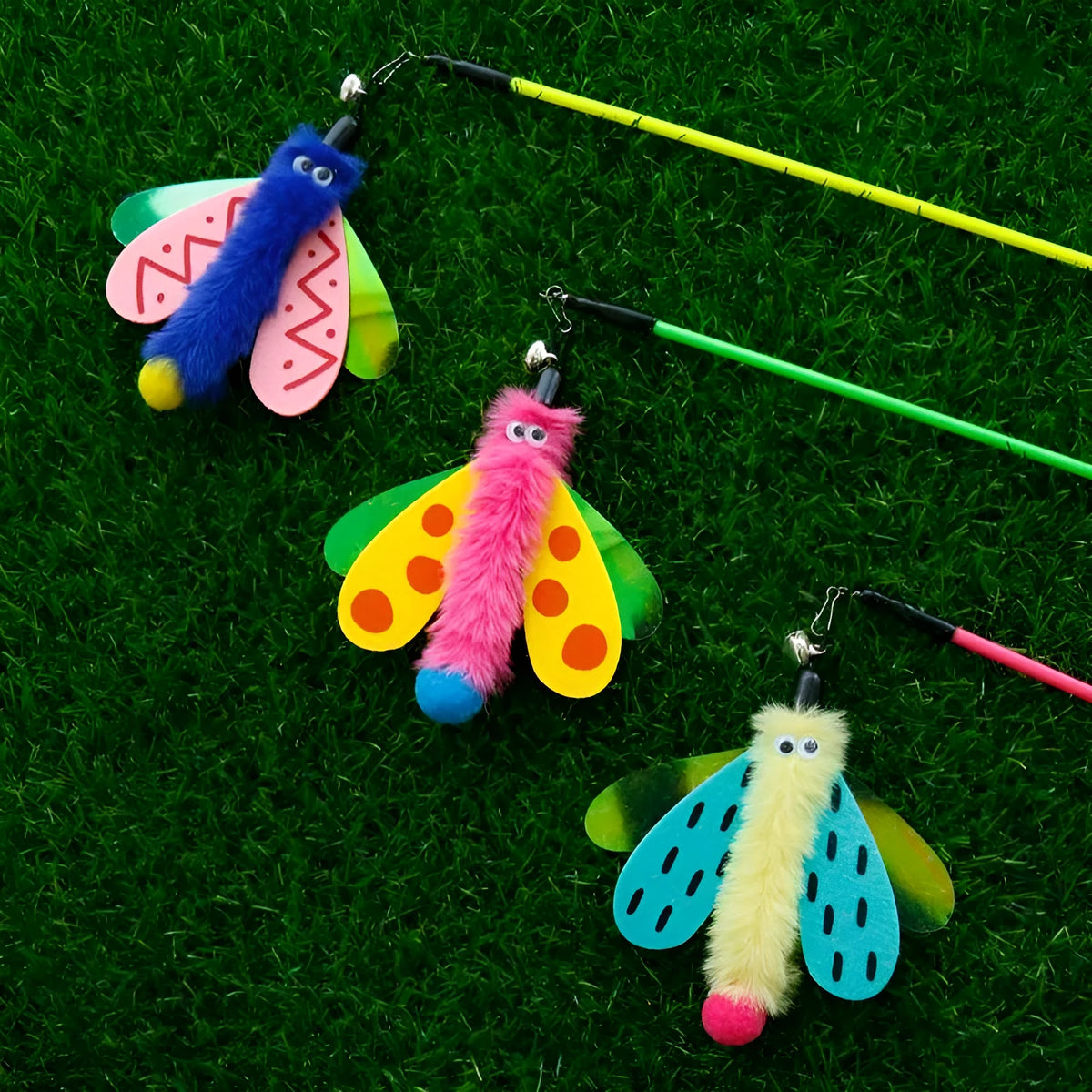 Blue, yellow, and pink dragonfly cat wand toy on a 49cm stick with a bell.