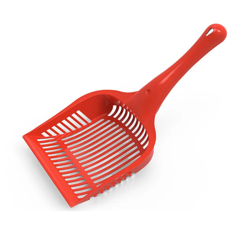 Red, yellow, and blue plastic cat litter scoops in two size options for toilet cleaning.