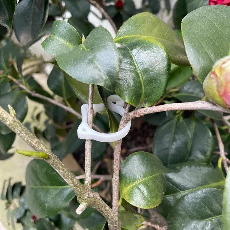 Colourful plastic cat-shaped plant clip for gardening support on a green leaf.
