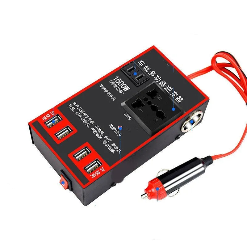 Black automotive power converter transforming 12V/24V car power to 220V AC with USB charging ports.