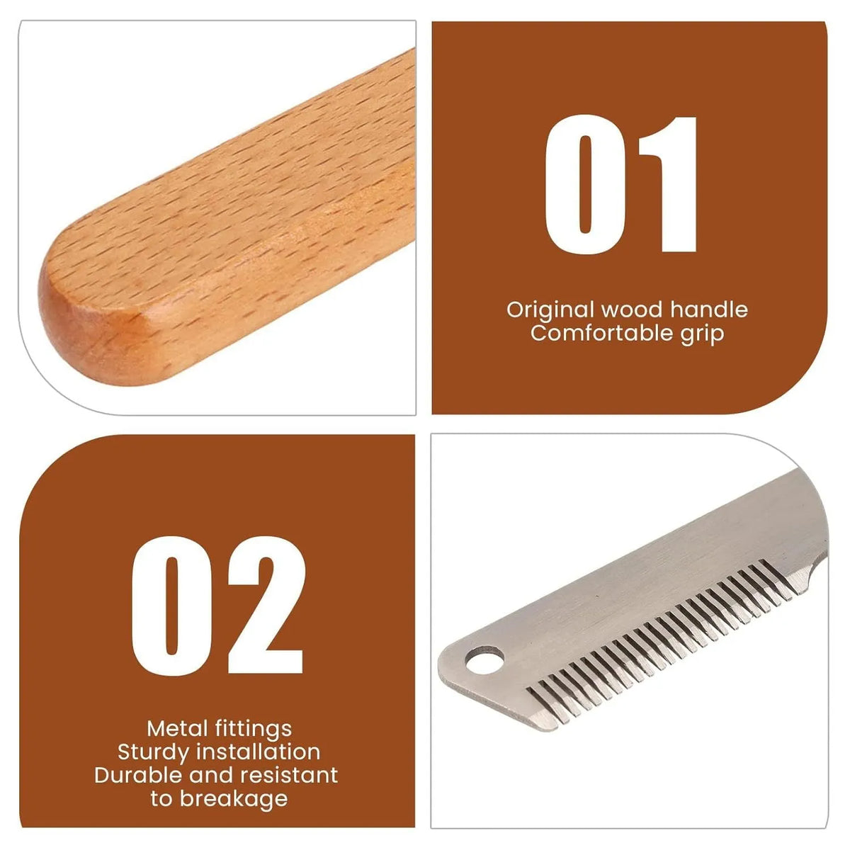 Pet stripping comb with wood handle and metal teeth for grooming cats and dogs.