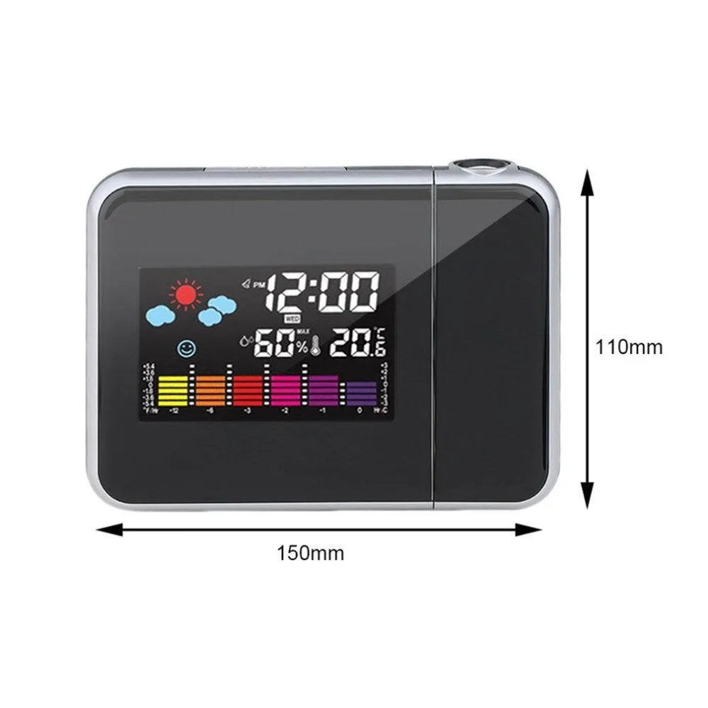 Black digital projection alarm clock with multicolour LED temperature and humidity display