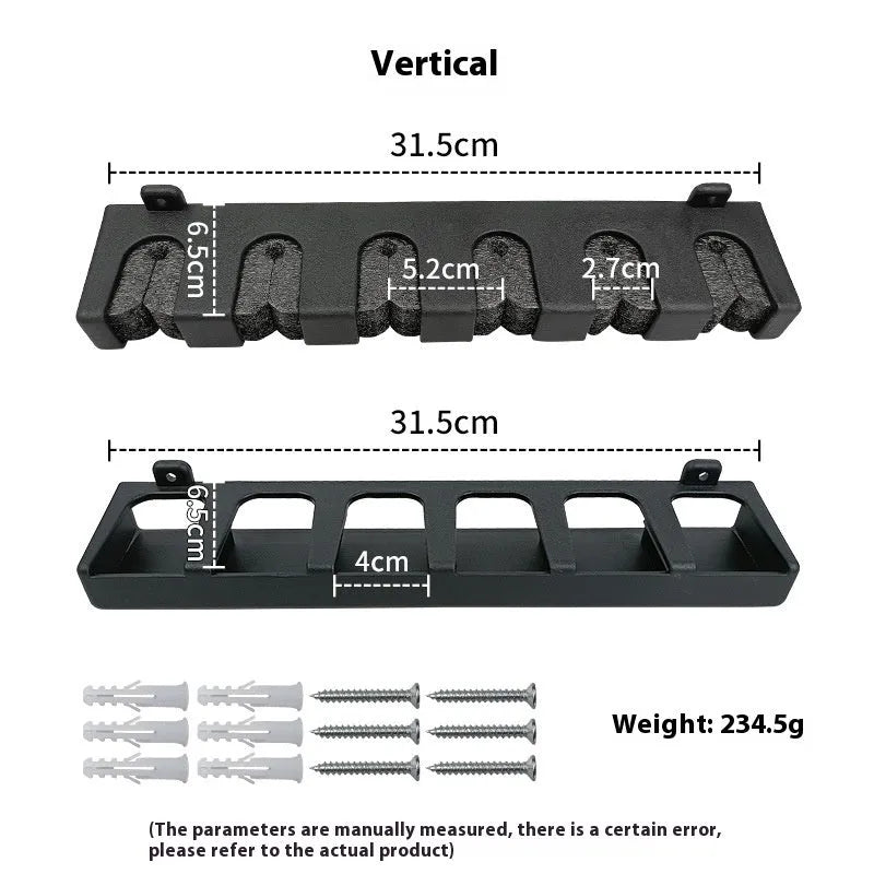 Black ABS plastic wall-mounted fishing rod holder for horizontal or upright storage