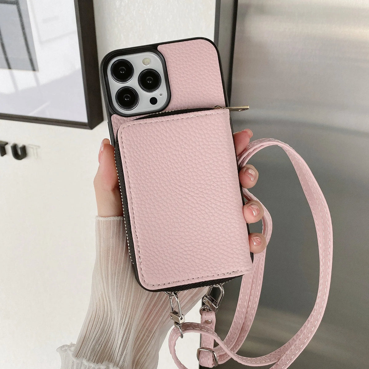 Litchi textured pattern hard shell phone case for iPhone, shown in multiple colours including black, blue, and green.