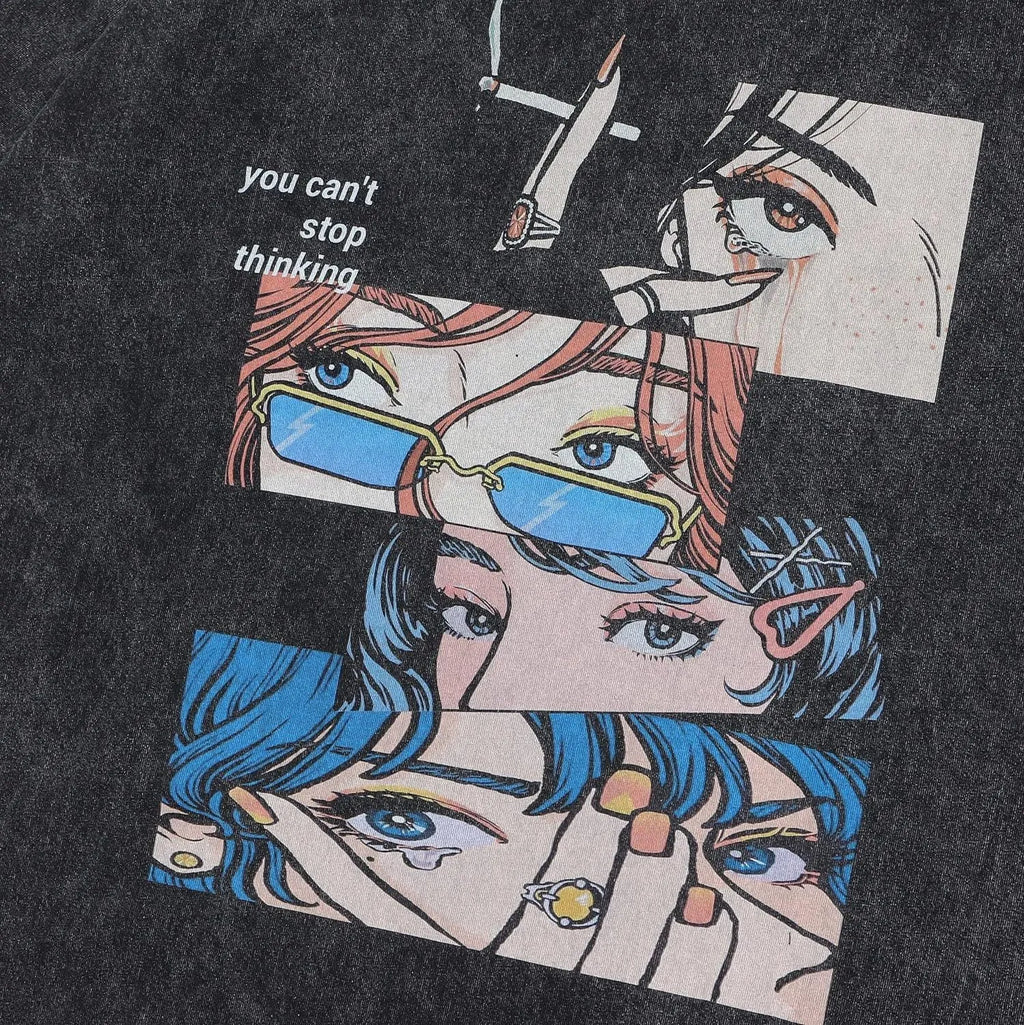 Men's loose fit cotton t-shirt with retro cartoon print pattern in washed black colour