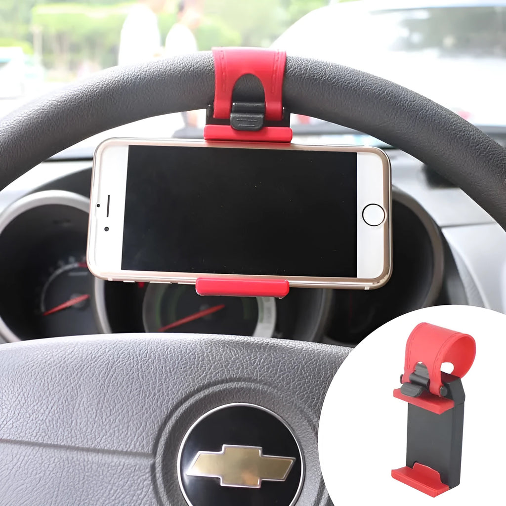 Black steering wheel phone mount with elastic clip and silicone padding for smartphones