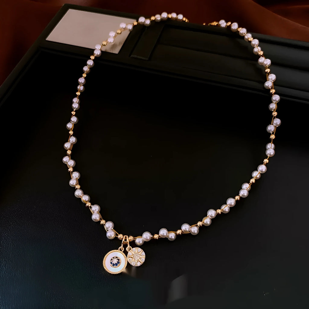 Gold electroplated necklace with round pearl pendant on adjustable 41-50cm clavicle chain