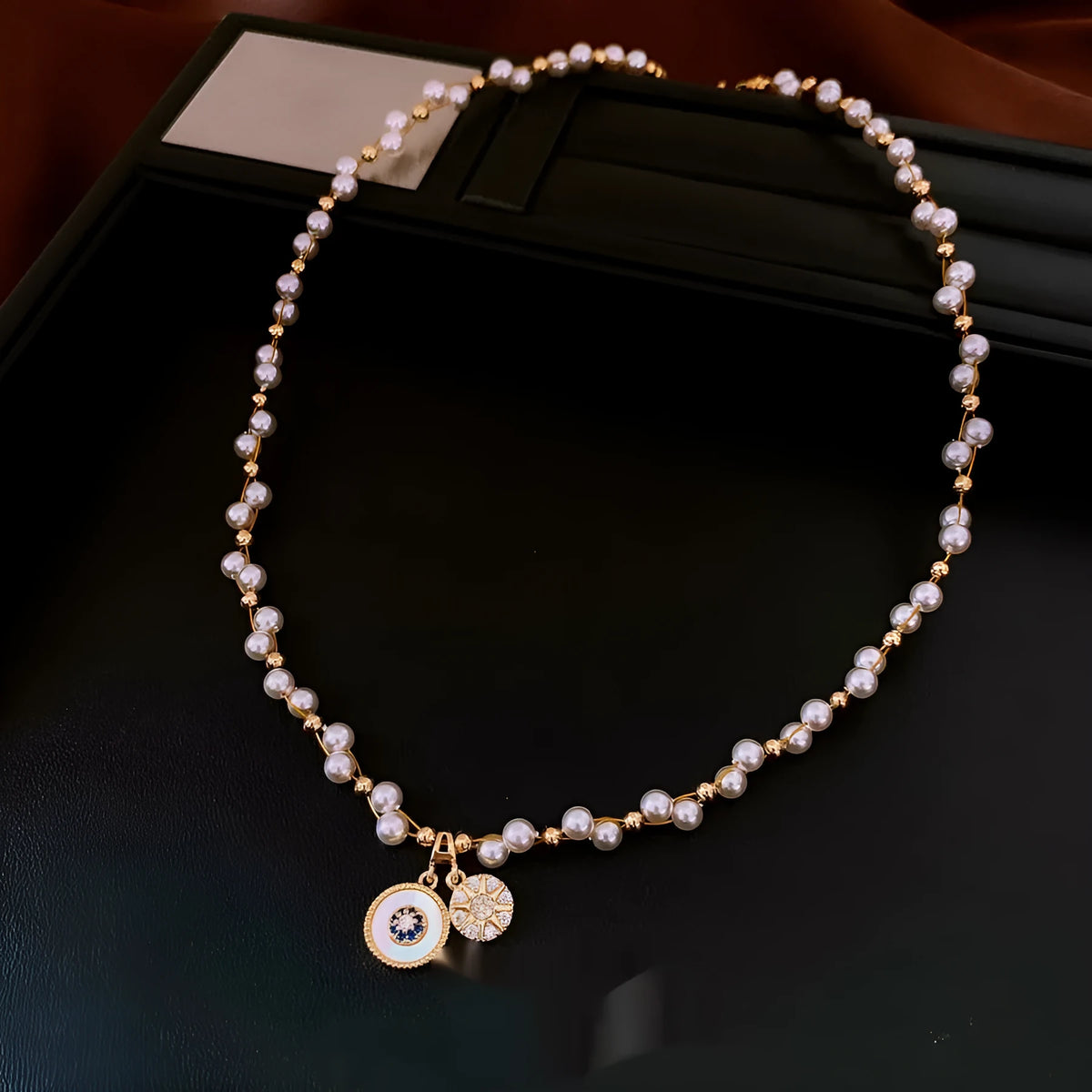 Gold electroplated necklace with round pearl pendant on adjustable 41-50cm clavicle chain