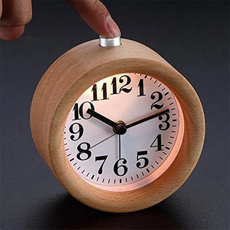 Solid beech wood student alarm clock showing 4-inch size and wooden construction