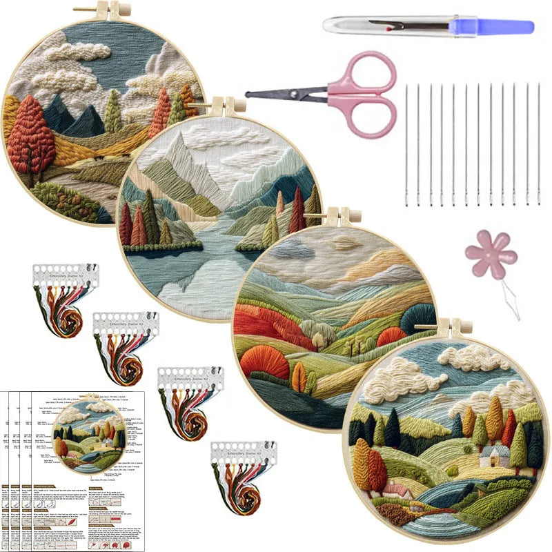 Embroidery DIY kit with cotton landscape fabric, bamboo frame, needles, and thread on wooden table