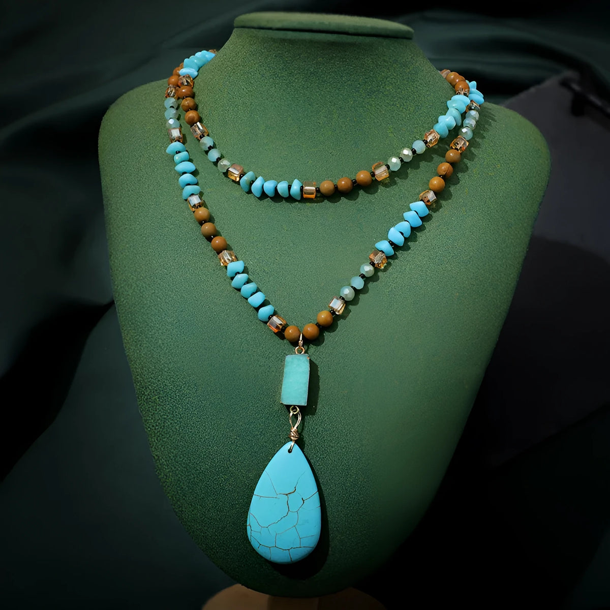 Turquoise big water drop imitation mineral pendant fashion necklace with ball bead chain