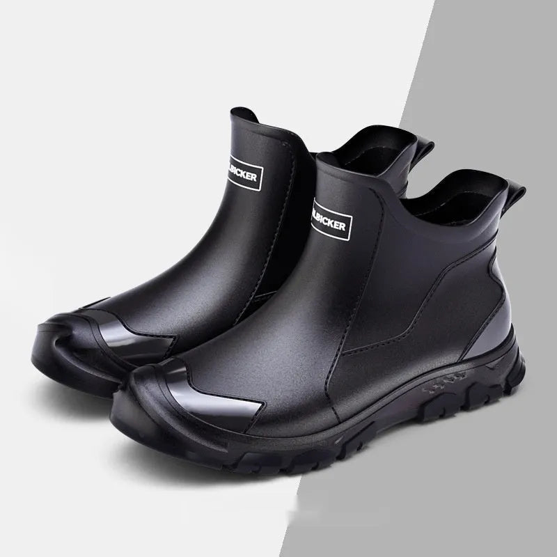 Men's short solid-colour PVC rubber boots with a flat non-slip sole, shown in beige and black colour options.