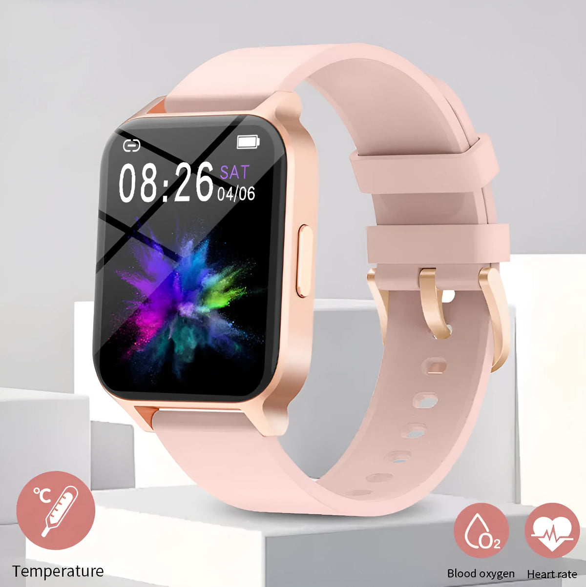 Smart health detection watch with colour TFT screen showing heart rate and blood pressure metrics