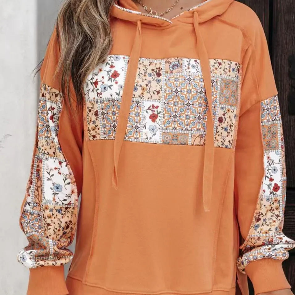 Women's pullover hoodie with drawstrings, long sleeve loose printed sweatshirt in pink or orange