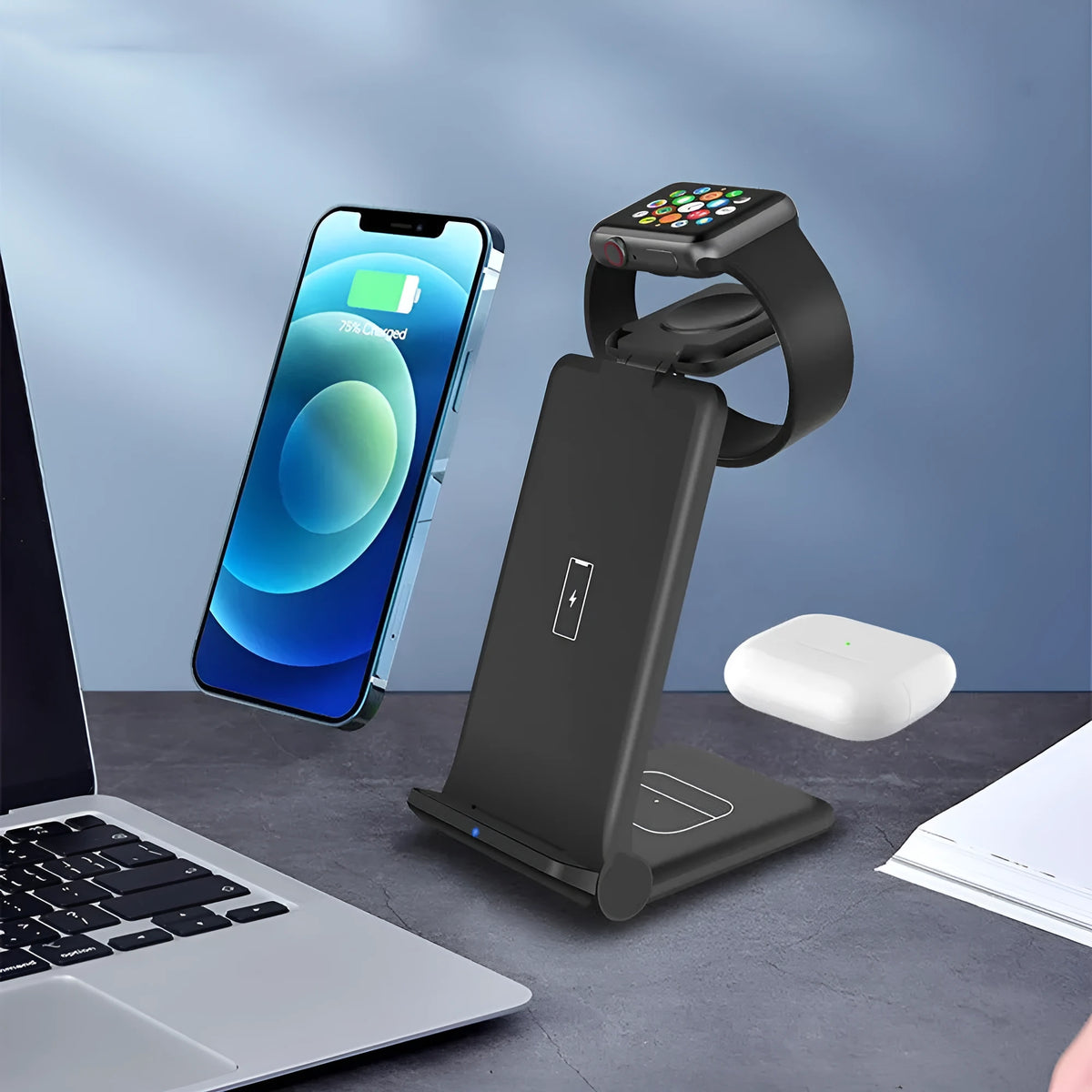 Black and white 3-in-1 foldable wireless charging station for iPhone, Samsung phone, AirPods and Apple Watch.