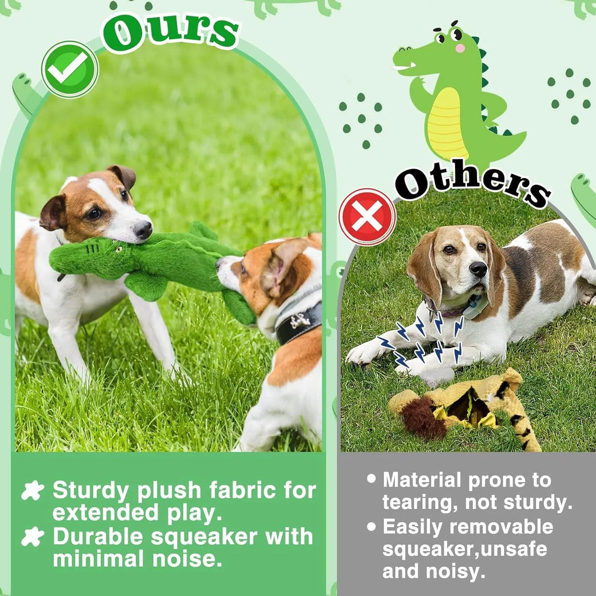 Green crocodile-shaped plush dog toy with no stuffing, for aggressive chewing.