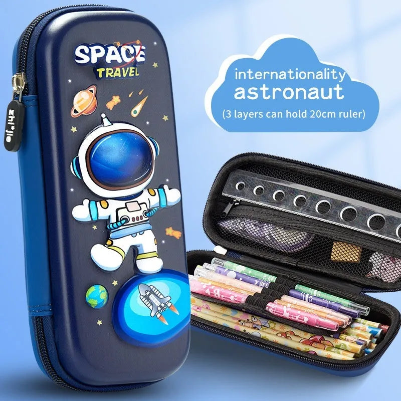 3D leather stationery box pencil case showing detailed spaceship design in black leather.