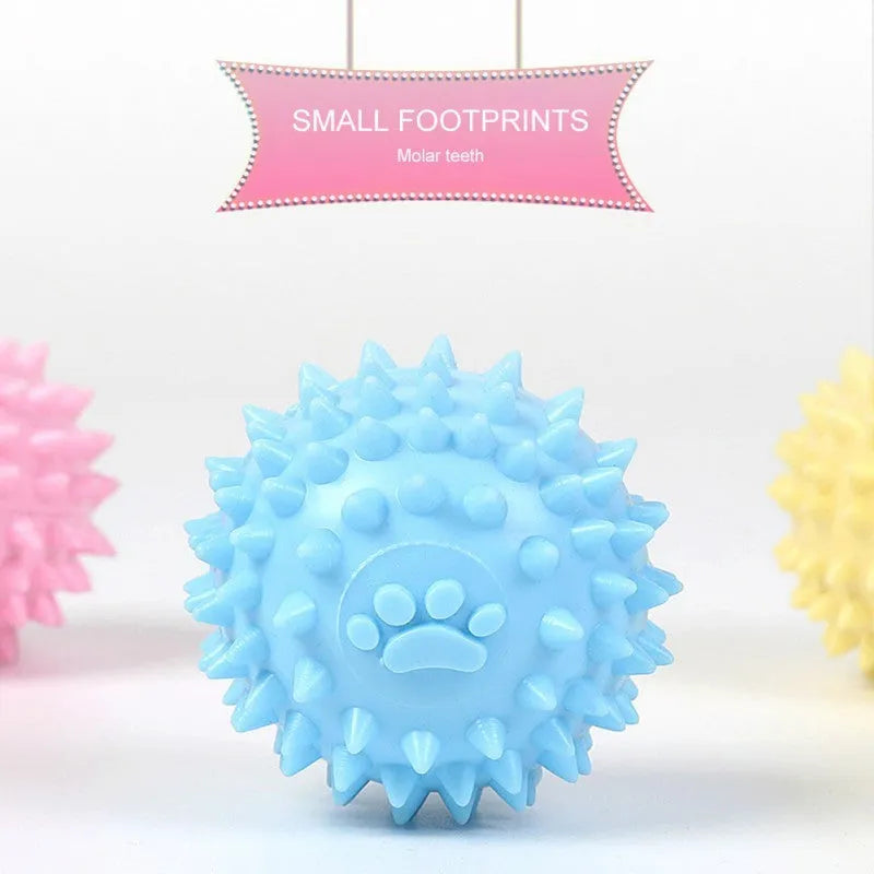 Blue dog chewing toy with textured footprint design measuring 6cm diameter