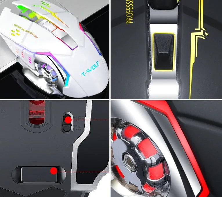 Black and white wireless silent mouse with 6 buttons and 2400 DPI sensor for laptops