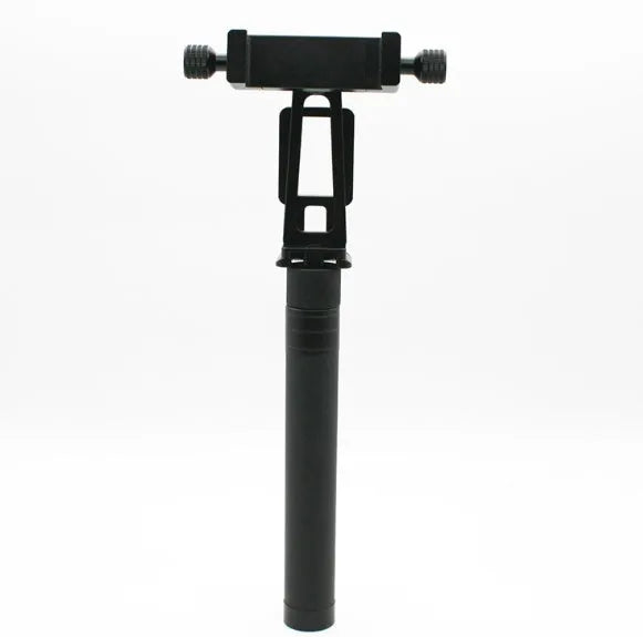 Black retractable aluminium selfie stick extended with smartphone attached and remote shutter in hand.