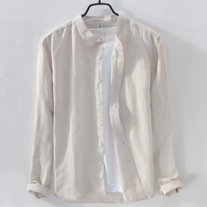 Loose fit casual long sleeve shirt in linen blend fabric, showing dark blue colour option