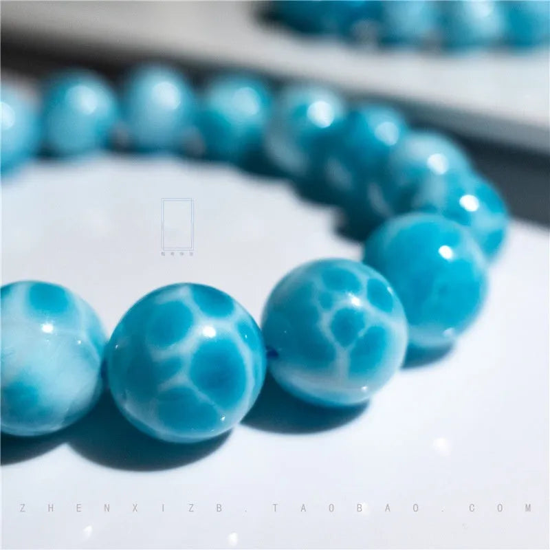 Blue bodhi and pearl bracelet in Maillard style with natural crystal sea-pattern stone.