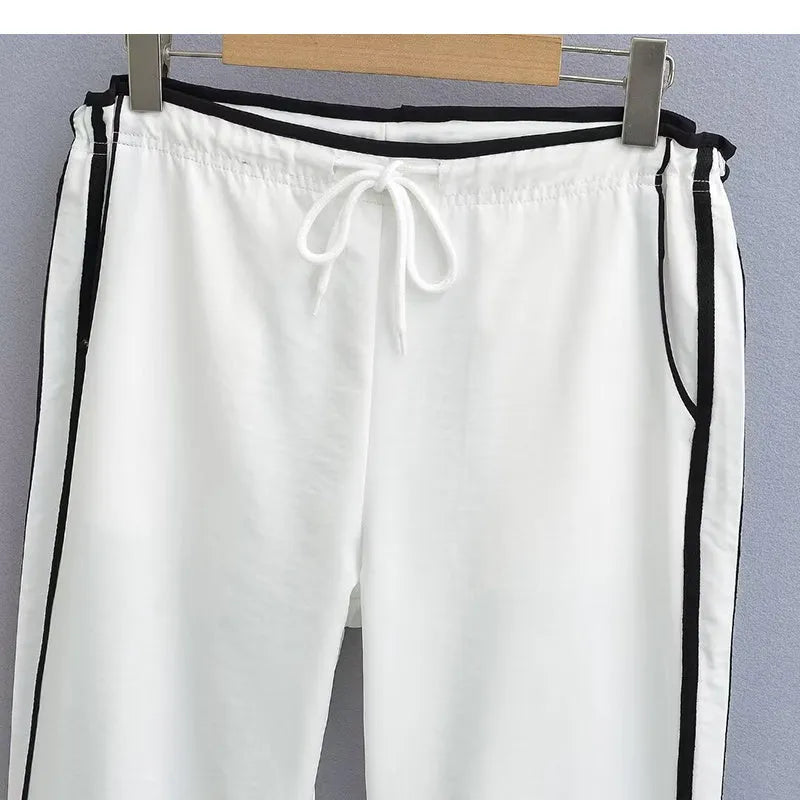 Ribbon parallel bars contrast colour slimming draping pants in thin fabric with low waist