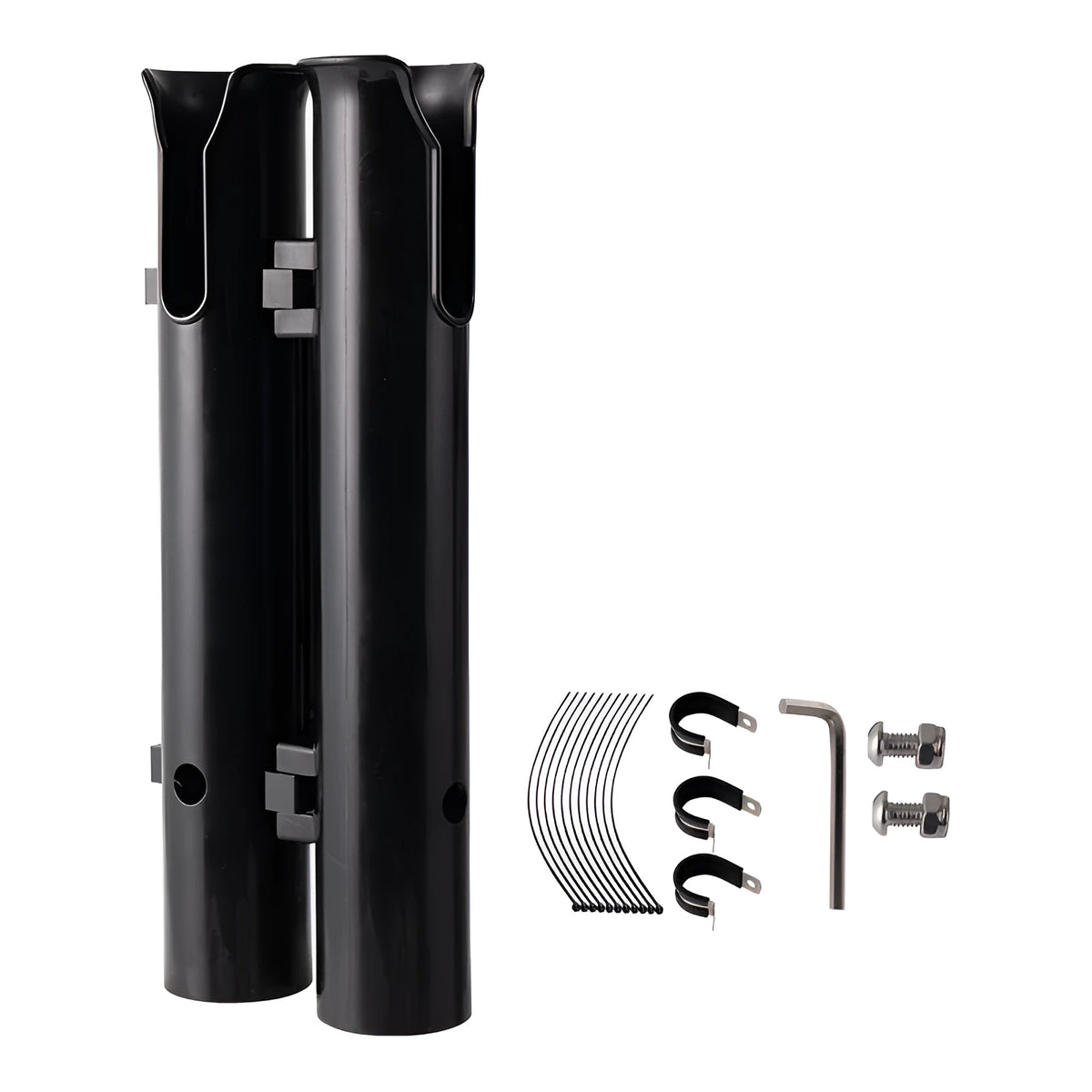 Black plastic double-layer fishing rod rack clamp mounted on a motorcycle carbon pipe frame