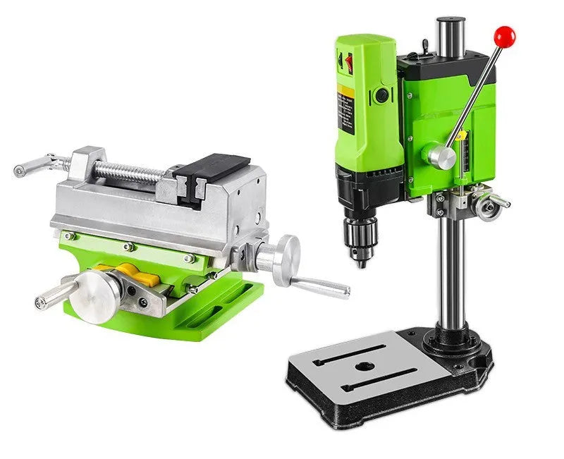 Bench drill and milling machine with cross bench pliers on workshop bench