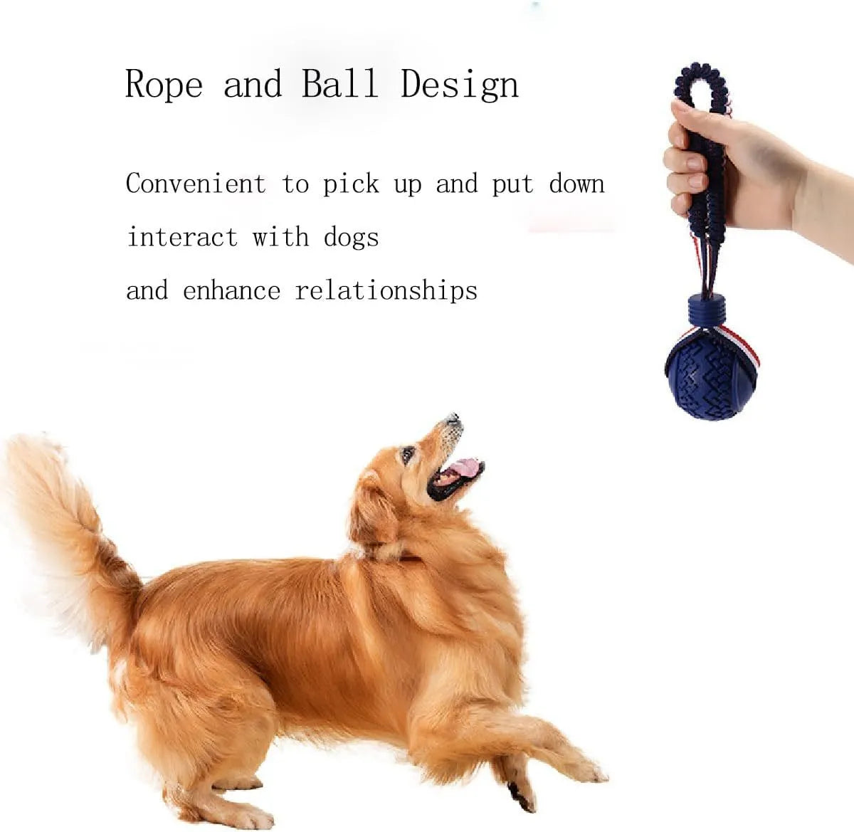 Blue natural rubber dog ball with integrated rope toy on grass, showing textured surface and scale.